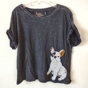 Buffalo Black Tee Faded S White Sequin Bulldog Print Faded Short Sleeve